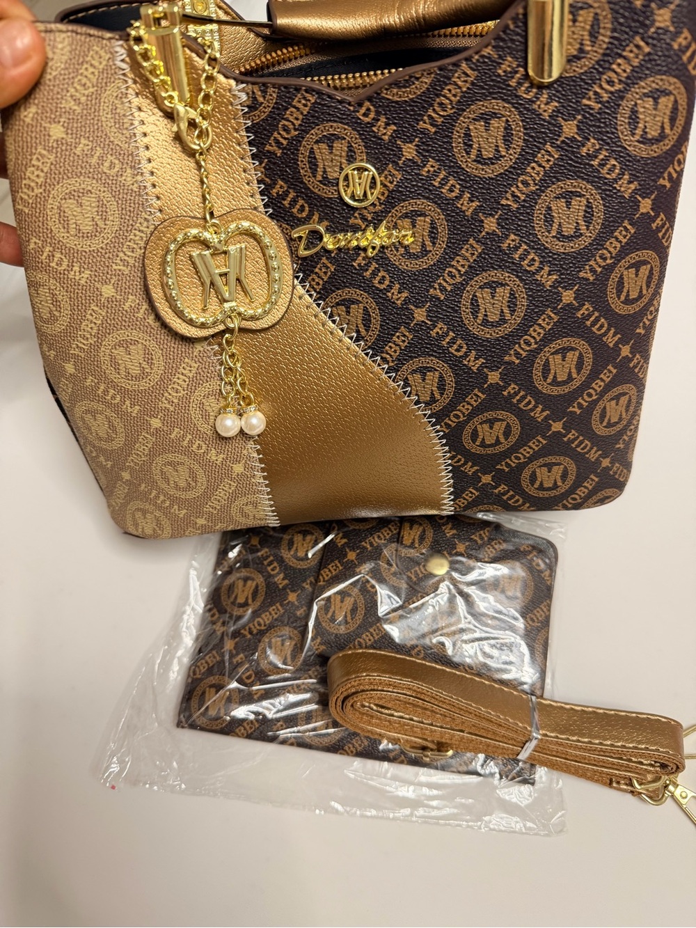 Two-Tone Brown and Gold Women's Tote Bag with Decorative Charm